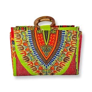 Woven Multicolored Dashiki And Jute Wooden Top Handle Bag